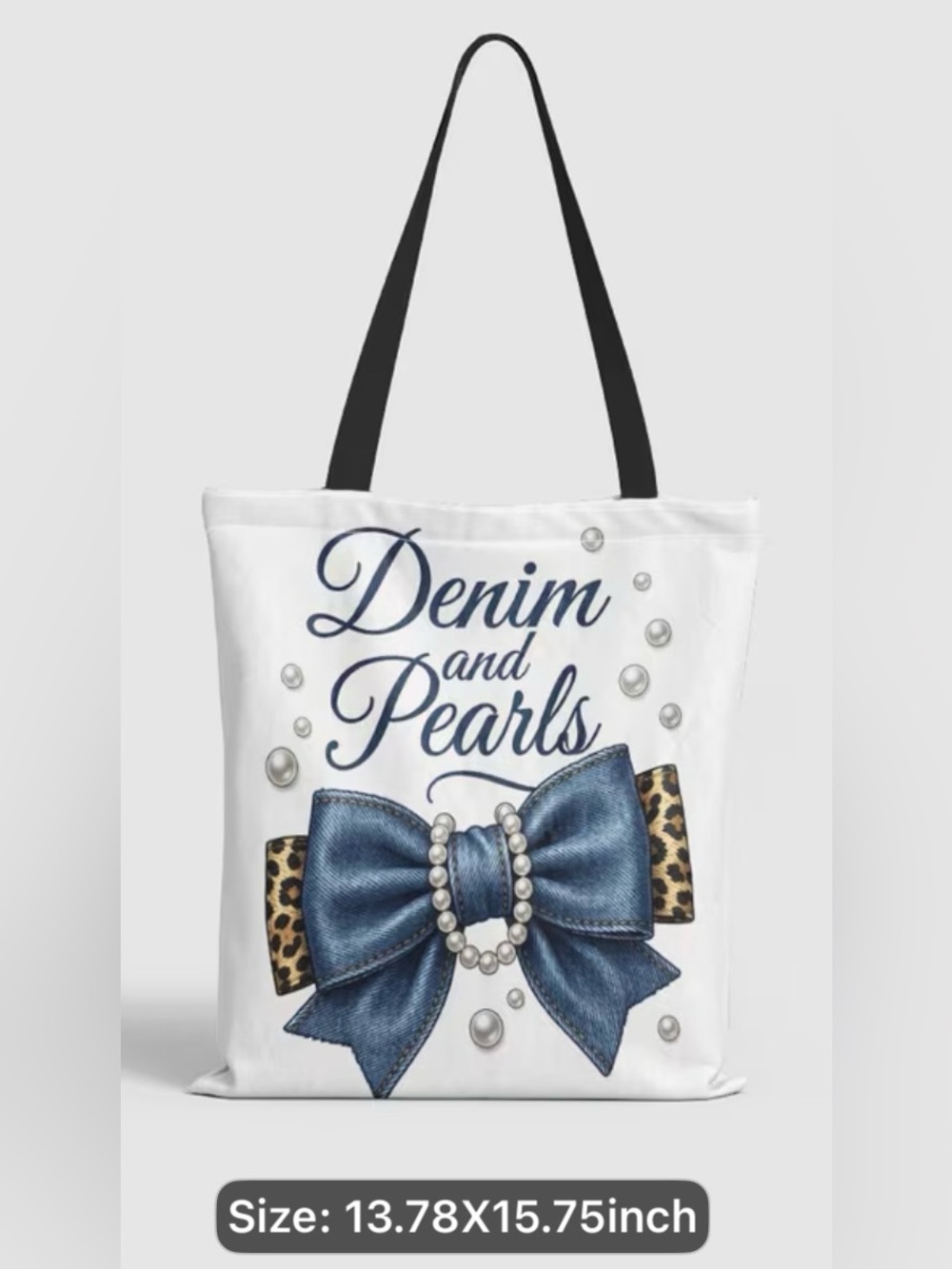 Denim and Pearls Tote Bag 15” x 14” - Picture 3 of 3
